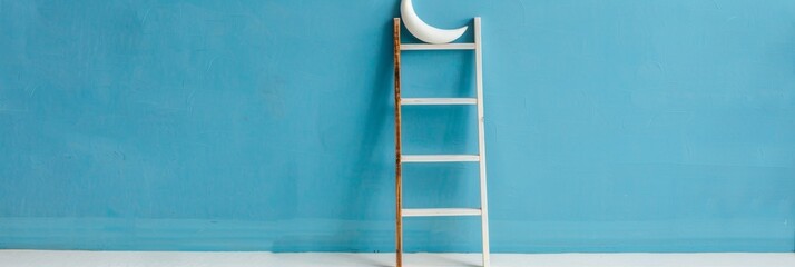 Reaching For Dreams Whimsical Ladder Extending Towards Crescent Moon Against Dark Blue Background