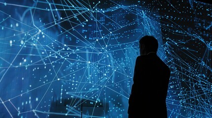 A dramatic depiction of an IT professional silhouetted against a large AI neural network diagram, pinpointing data privacy issues. 