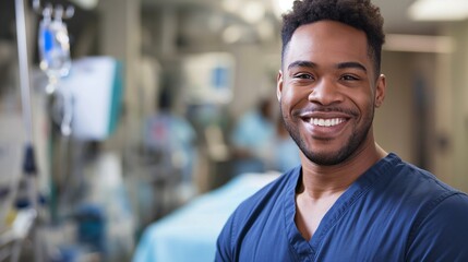 Fototapeta premium Smiling male nurse in medical scrubs in a patient room with medical equipment, highlighting dedication and care in nursing, professional healthcare worker, patient care, nurse compassion, nursing job