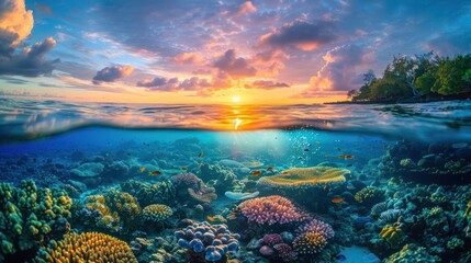 Fototapeta premium Underwater and above water view with coral reef marine life