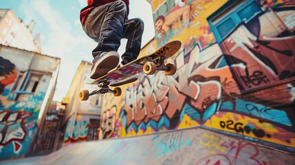 Skateboarder in mid-air - A skateboarder performs a mid-air trick against a brightly colored graffiti wall. The vibrant hues of the art contrast against the skater's movement.