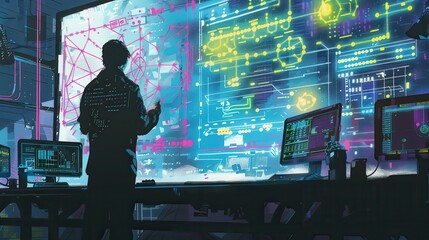 Banner showing an IT security expert conducting a workshop on AI threats, with a digital whiteboard displaying flowcharts and code snippets. 