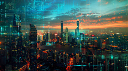 Fototapeta premium Financial data processing in cityscapes shows how finance, business, and digital interfaces are globally connected.
