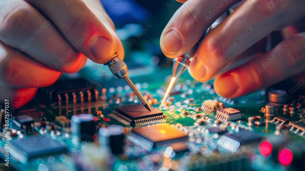 Poster soldering a circuit board - close-up of a technician soldering a circuit board with a soldering iron