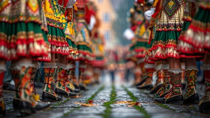 Participants joyfully engaging in the Schuhplattler dance, showcasing traditional Bavarian steps with colorful costumes and precise footwork Stock Photo with copy space