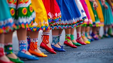 Participants joyfully engaging in the Schuhplattler dance, showcasing traditional Bavarian steps with colorful costumes and precise footwork Stock Photo with copy space