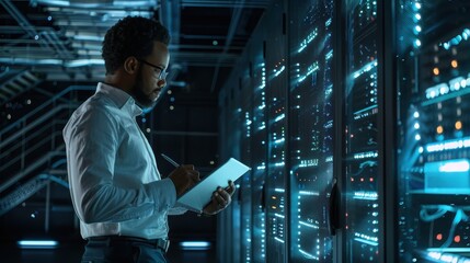 Fototapeta premium An IT specialist using a tablet to control and monitor AI behavior in network systems, with digital locks and firewalls visualized on the screen. 