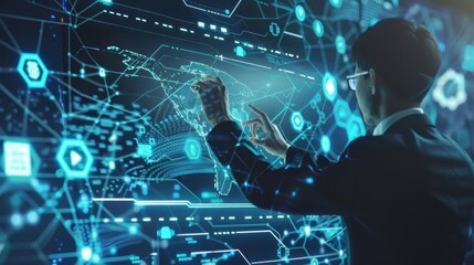 Banner with an IT specialist using a giant touch screen to manipulate and secure AI algorithms, surrounded by data clouds and network nodes.