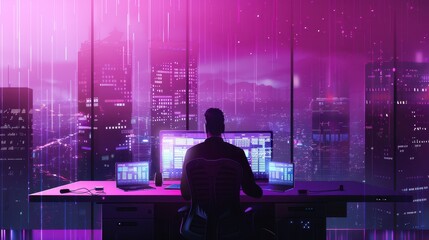 Banner showing an IT expert analyzing encrypted data compromised by AI with a futuristic cityscape in the background symbolizing the digital era. 
