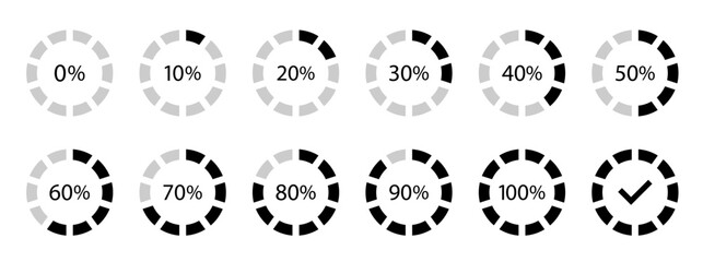 Circle loading and circle progress collection. Set of circle percentage diagrams for infographics, 0, 10, 20, 30, 40, 50, 60, 70, 80, 90, 100 percent.