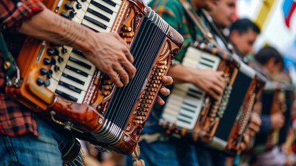 Musicians playing traditional Bavarian instruments, including accordion and tuba in a charming village setting adorned with colorful banners and flags during a cultural celebration Stock Photo with