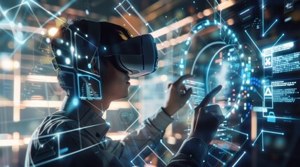 A banner featuring an IT expert wearing virtual reality goggles, navigating through a 3D representation of a cyber-attacked network caused by AI vulnerabilities.