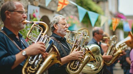 Obraz premium Musicians playing traditional Bavarian instruments, including accordion and tuba in a charming village setting adorned with colorful banners and flags during a cultural celebration Stock Photo with