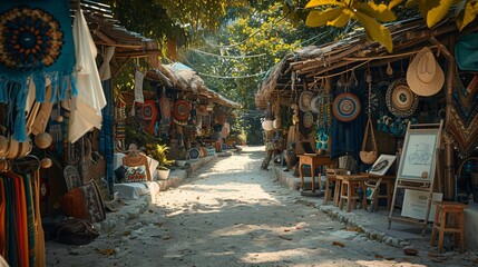 Fototapeta premium A panoramic view of a bustling marketplace with diverse stalls selling handmade crafts including leather goods paintings and sculptures capturing the essence of artistic diversity Stock Photo with