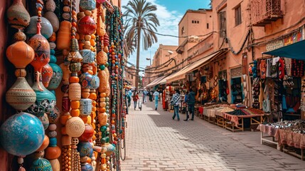 A diverse crowd exploring a street market filled with artisanal crafts and handmade goods including ceramics jewelry and woven textiles set against a backdrop of colorful tents Stock Photo with copy