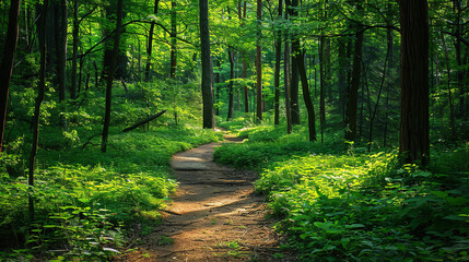 Obraz premium A beautiful path winds through a lush green forest, with sunlight filtering through the leaves, creating a dappled effect on the ground