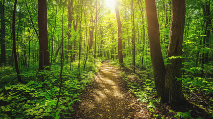 A beautiful path winds through a lush green forest, with sunlight filtering through the leaves, creating a dappled effect on the ground