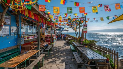 Naklejka premium A scenic view of Cape Town South Africa transformed into a Bavarian village for Oktoberfest featuring African-inspired decorations and live music performances attracting a diverse audience