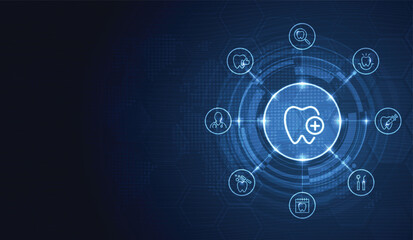 Dentistry icon set in line style. dental oral hygiene isolated on blue background. can be used in dentist clinic. medical health and dentistry concept. teeth dental character. vector design.