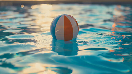 Colorful red and blue beach ball floating on the water surface of the sea, ocean, or swimming pool with summer sun rays, fun and sports activity, leisure on a travel, joy on vacation, tourism, journey