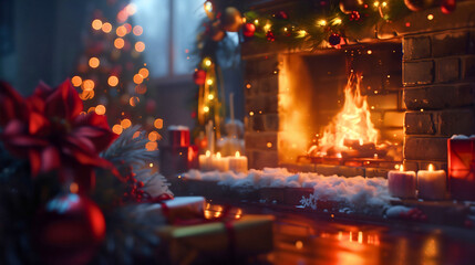Naklejka premium Christmas New Year's decoration of a home interior with garlands, pine branches or tree above the fireplace adorned with ornaments, snow, and presents or gift boxes, winter holiday design living room