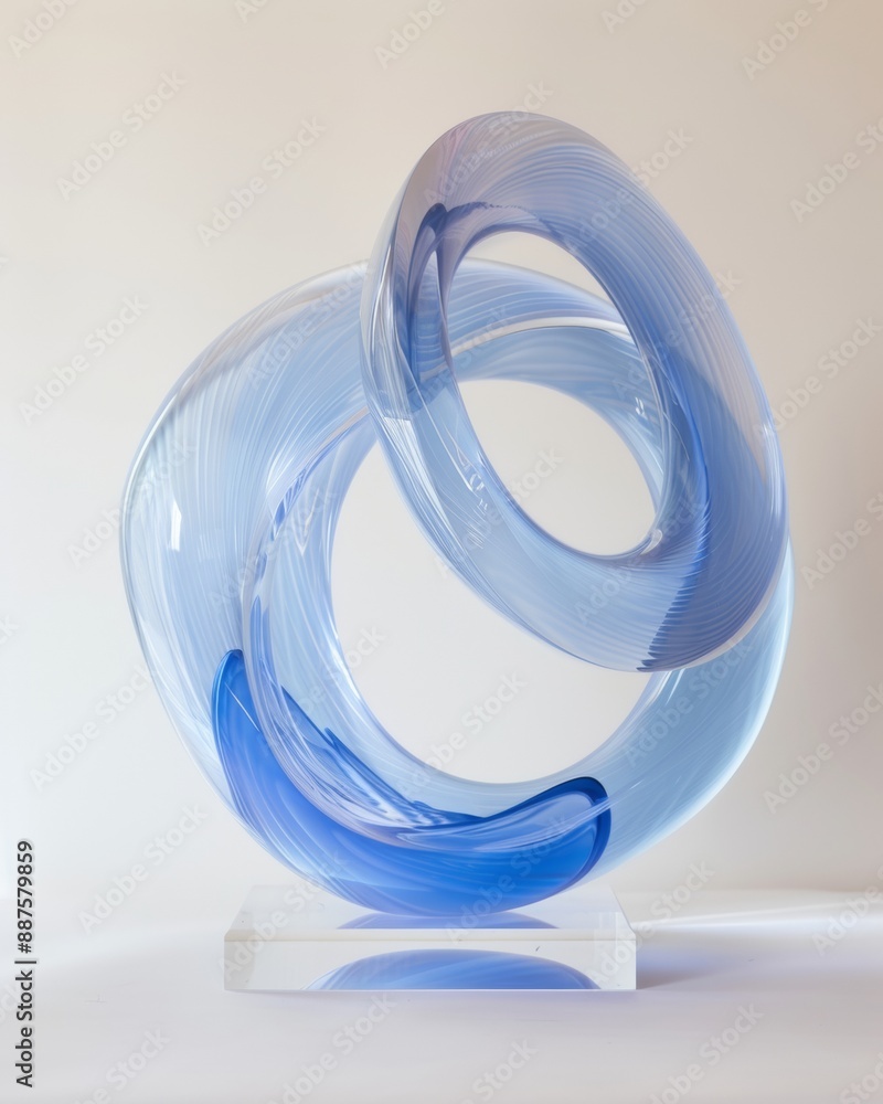 Poster abstract blue glass sculpture against soft white background in symmetrical composition using long ex