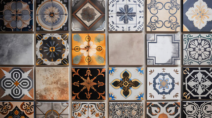 A set of ceramic tiles with different designs, various ornaments, colors, shapes, and patterns, wall decor, interior decoration, creative abstract texture, modern colorful stone squares, retro mosaic.