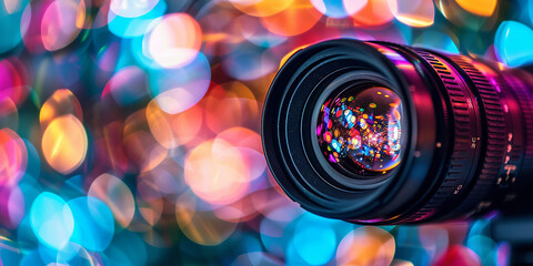 A close-up of a camera lens showcases its intricate details, surrounded by colorful bokeh lights in the background