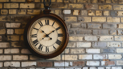 Fototapeta premium An old round clock with an elegant vintage design on a brick wall, showing hours and minutes with Roman numerals and black hands in circle, a symbol of classic, countdown, seconds, decor. Architecture