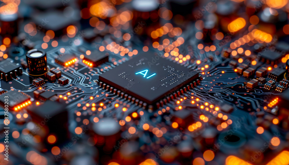 Poster a computer chip with the letters ai on it. the chip is lit up with bright colors. concept of technol
