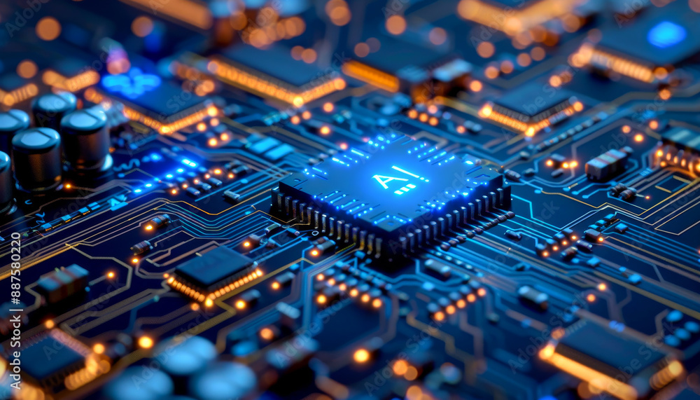 Poster a computer chip with the letters a and i on it. the chip is surrounded by a blue and orange backgrou