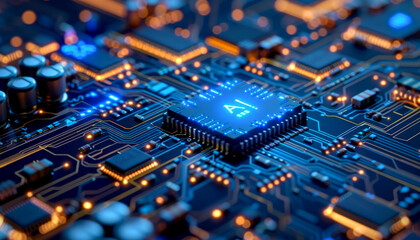 Obraz premium A computer chip with the letters A and I on it. The chip is surrounded by a blue and orange background