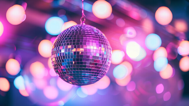 A dazzling mirrorball hangs overhead, casting vibrant pink and purple reflections across the dance floor