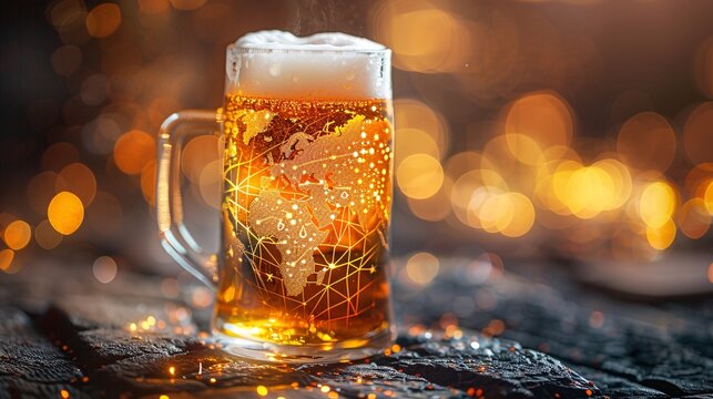 A symbolic illustration depicting the global impact of Oktoberfest on beer culture and tourism with world maps overlaid by beer mug icons symbolizing international participation and appreciation of