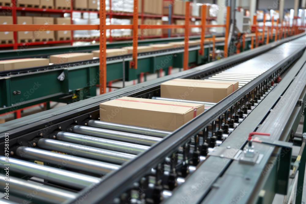 Poster packages moving on a conveyor belt system in a distribution center, automated logistics processes co