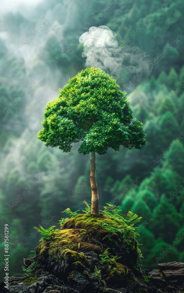 Poster a small tree is growing on a rock in a forest. the tree is surrounded by moss and he is in a misty, 