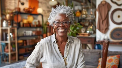 Fototapeta premium Portrait of a hipster smiling senior black woman,&nbsp;furniture store owner