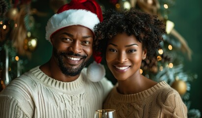 African American couple celebrating Christmas together wearing festive hats, cozy and joyful holiday moments