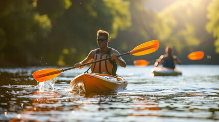 A joyful group of three kayakers revels in a summer adventure on a sunlit river