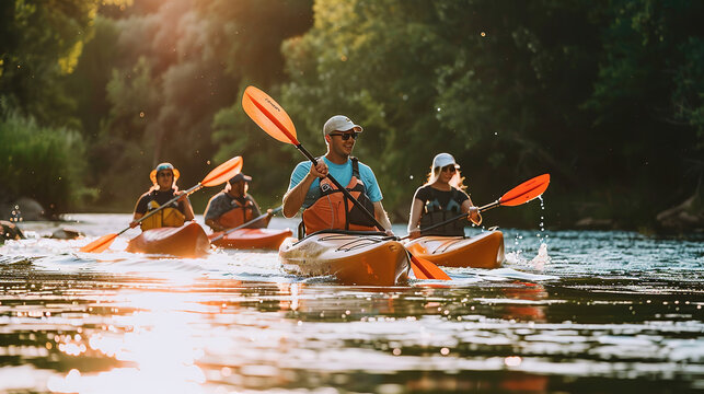 A joyful group of three kayakers revels in a summer adventure on a sunlit river