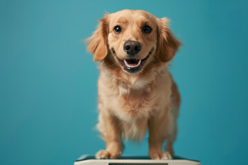 A small dog with a big smile on its face is standing on a scale