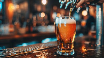 Bartender skillfully pouring beer from a large tap into a mug at a traditional Bavarian beer hall bar with patrons eagerly waiting Stock Photo with copy space
