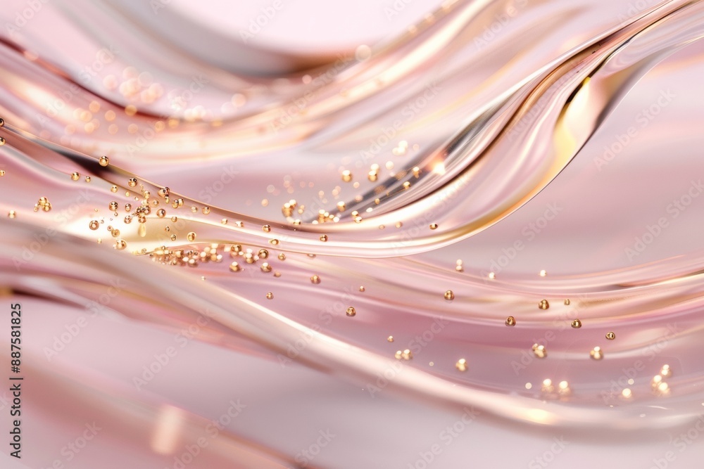 Aufkleber Abstract Golden Fluid Waves with Sparkling Particles on a Soft Pink Background