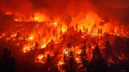 Raging wildfires engulfing forests, the increased frequency and intensity of wildfires due to climate change