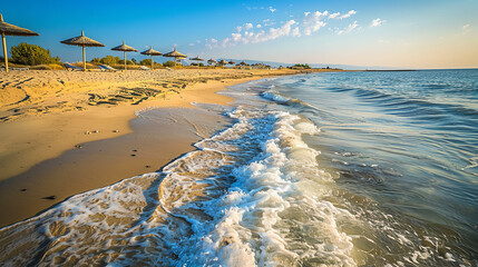A picturesque sandy beach stretches out under the morning sun, lined with neatly arranged umbrellas