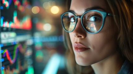 Portrait of female expert in glasses looking at screen with financial data close up