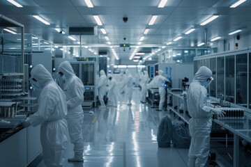 Fototapeta premium A clean room in a semiconductor fabrication plant with technicians in full-body suits