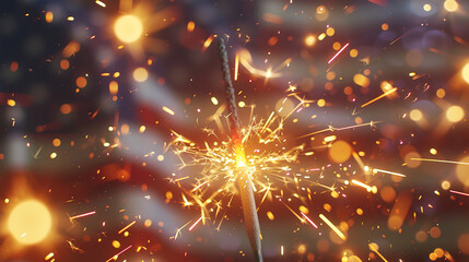 A sparkler illuminates the night, creating a shimmering trail as it dances in the air, while the American flag waves proudly in the background