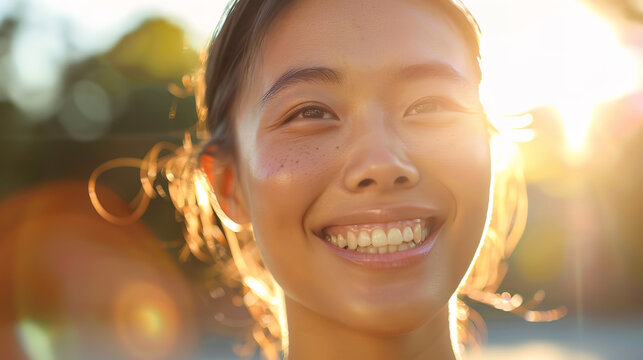 A smiling Asian woman radiates joy on a sunny summer day, her clear skin glowing in the warm light