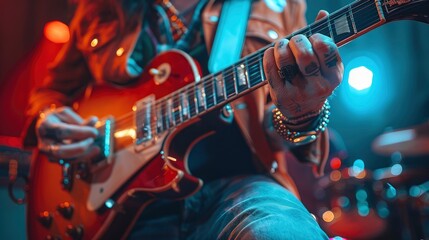 Obraz premium Close-Up Of A Man Playing An Electric Guitar, Detailed And Skilled, High Quality Background